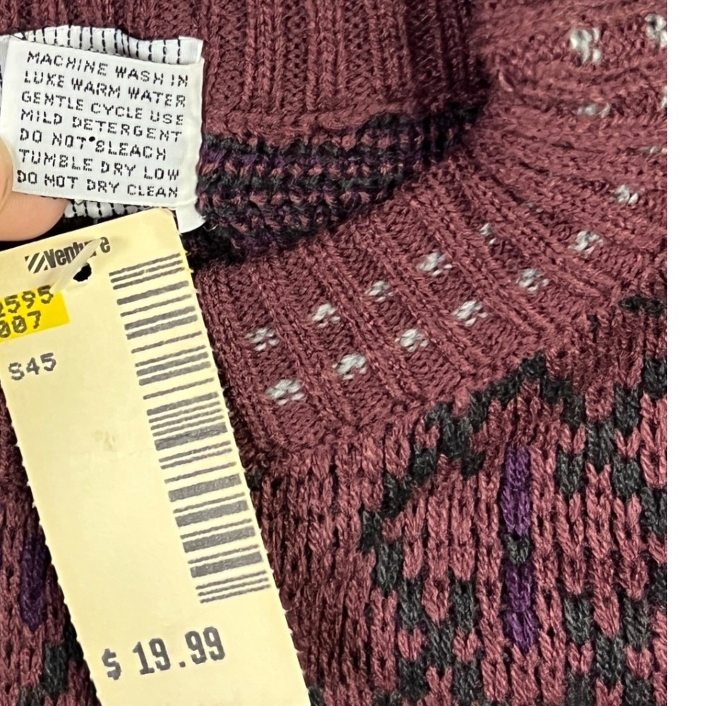 Vintage McGregor Sweater Mens L Burgundy Geometric Diamond Grandpa 80s 90s New - Picture 6 of 8
